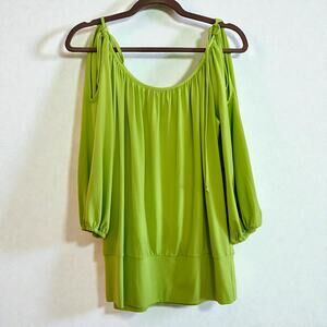Cache Summer Lime Green Sheer Short Sleeve Top Cold Shoulder. Size Large.